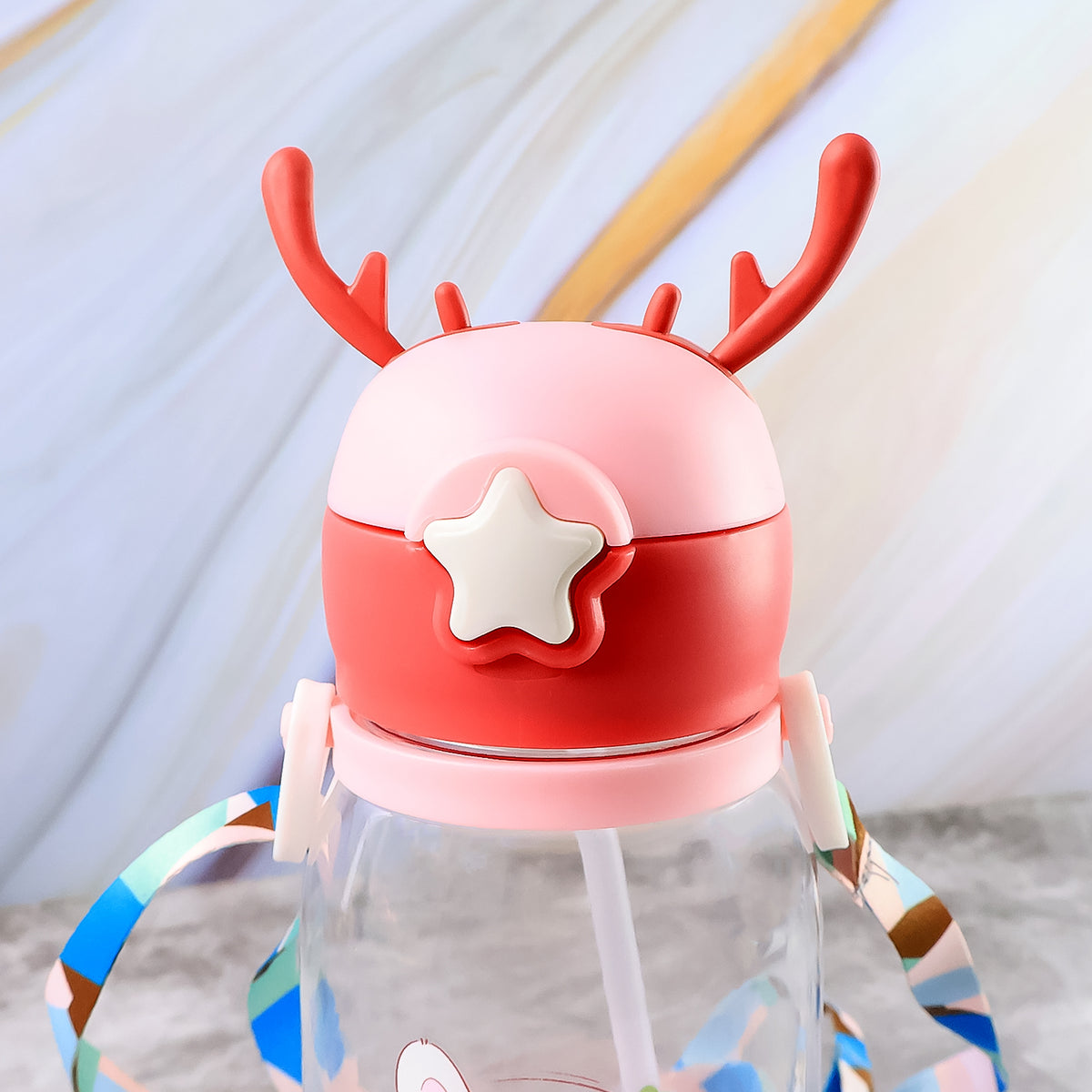 Cute Cartoon Water Bottle Approx for Kids with Straw and Strap with Leakproof BPA-Free Sipper Bottle with Star Cap and Antler Design450ml (1 Pc)