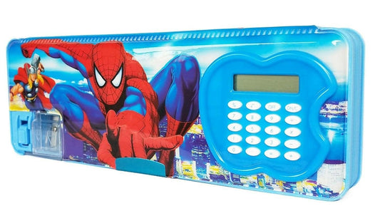 Multipurpose Magnetic Pencil Box with Calculator, Dual Sharpener for Girls & Boys for School, Big Size Cartoon Printed Pencil Case for Kids (Spiderman Blue) - HalfPe