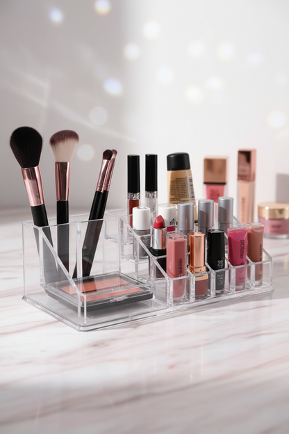 16-Compartment Transparent Makeup Organizer Box HalfPe - DDW