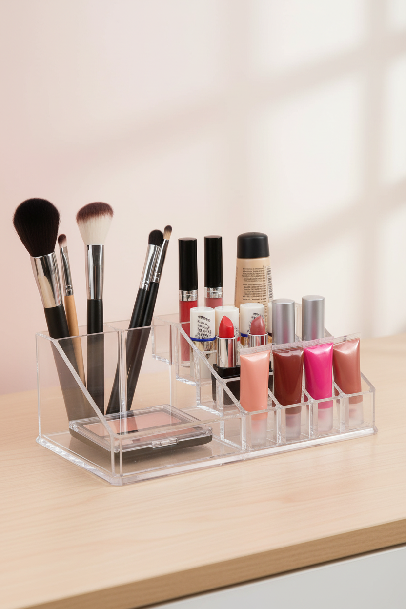 16-Compartment Transparent Makeup Organizer Box HalfPe - DDW