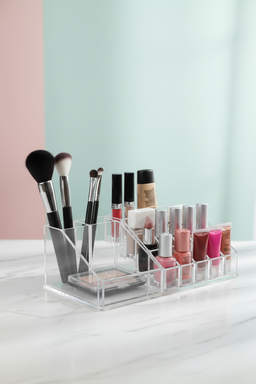 16-Compartment Transparent Makeup Organizer Box HalfPe - DDW