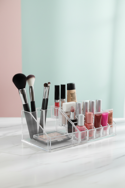 16-Compartment Transparent Makeup Organizer Box HalfPe - DDW