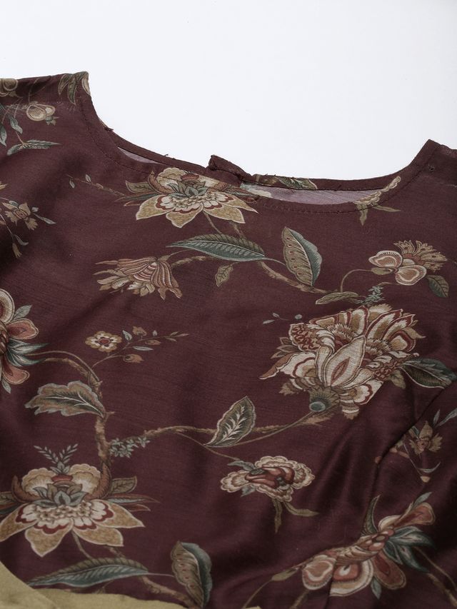 Bollywood Vogue Ready To Wear Maroon Chanderi Silk Puff Sleeve Dress