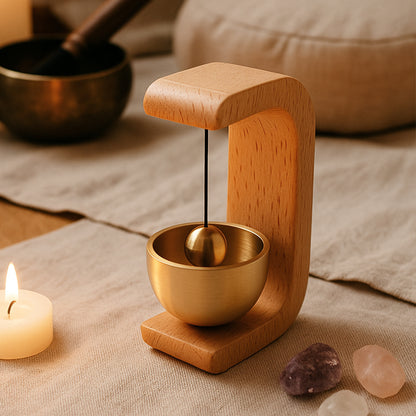 Premium Desktop Style Zen Bell for Meditation and Mindfulness Wooden Stand with Brass Chime Ball