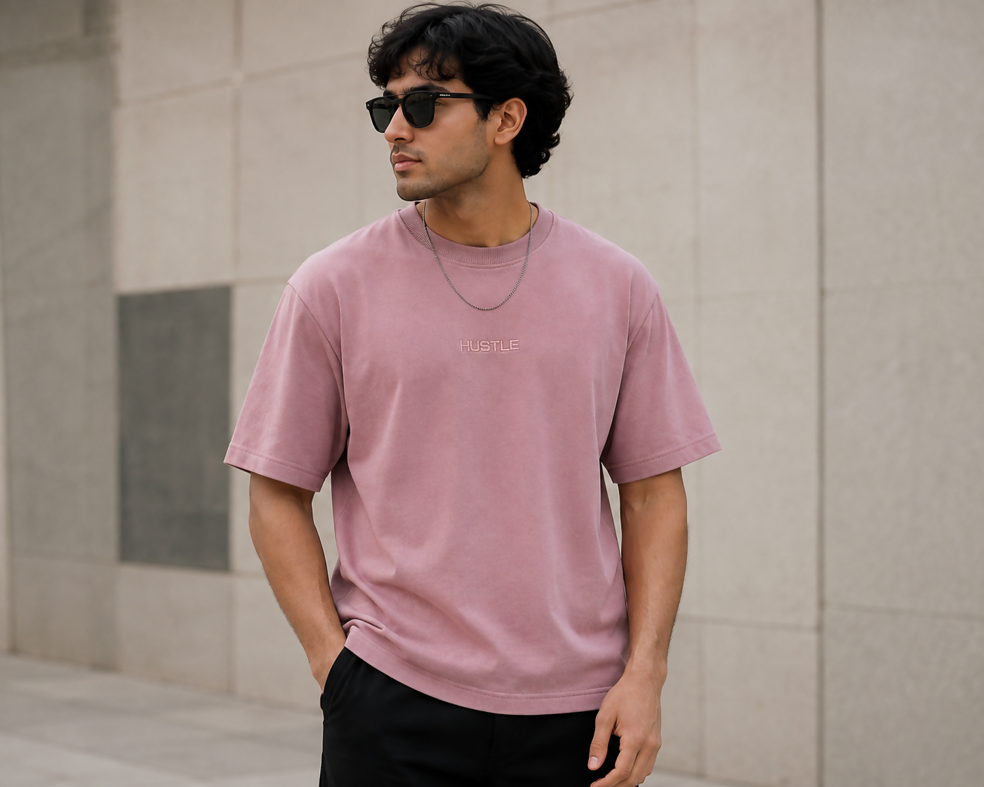 HUSTLE Men’s Casual T-Shirt – Dusty Pink | Relaxed Oversized Fit | Ribbed Crew Neck | Embroidered Logo