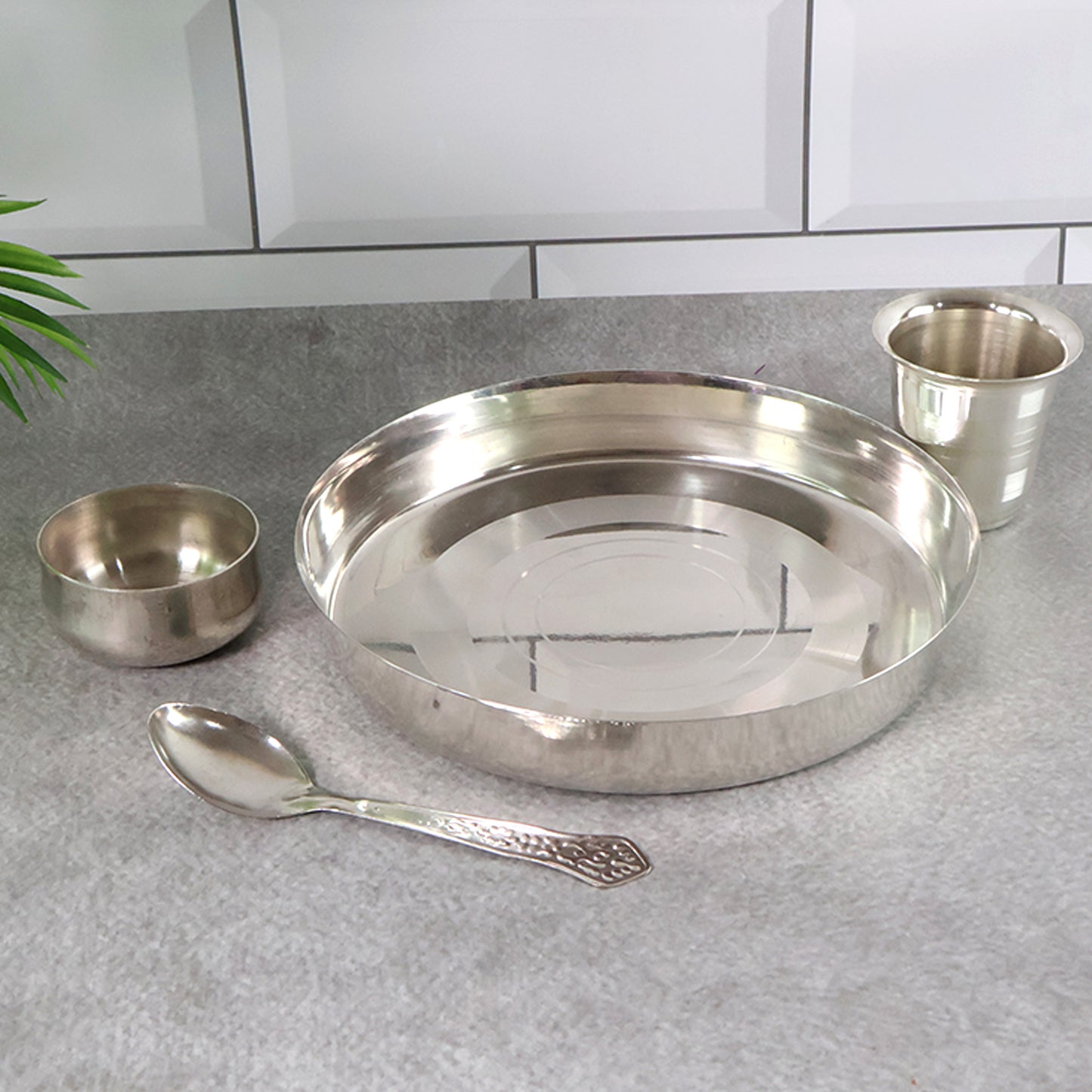 Stainless Steel Thali Set – Round Plate with Katori Bowl, Drinking Glass & Dining Spoon- (Set)