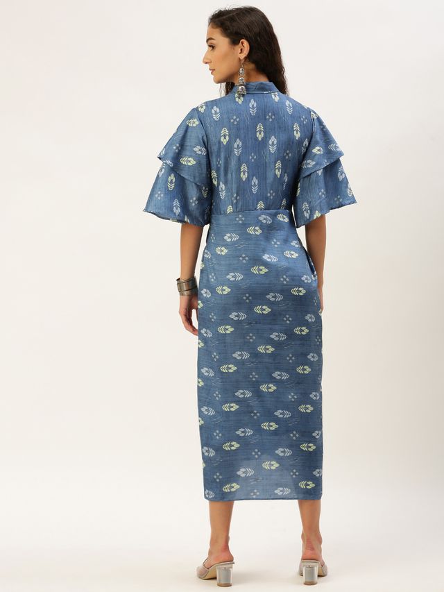 Bollywood Vogue Ready To Wear Blue Digital Printed Art Silk Pleated Dress