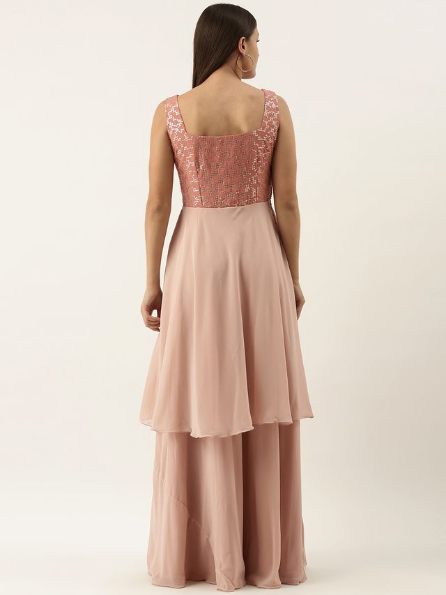 Bollywood Vogue Ready To Wear Pink Embroidered Georgette Layered Gown