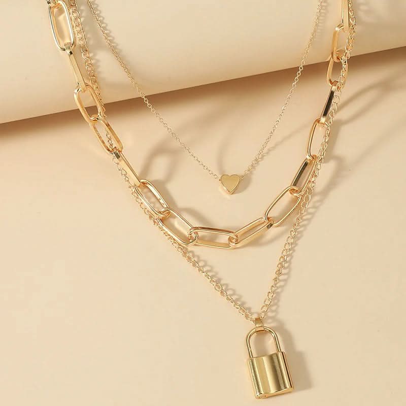 Triple Layered Heart And Lock Pendant Choker Necklace pinapes