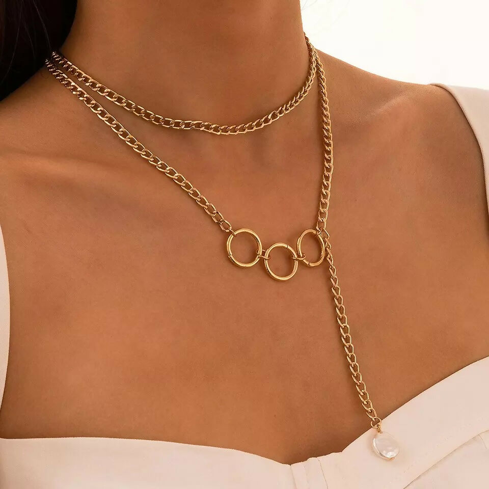 Trendy Gold-Tone Layered Necklace Set with Triple Ring Detail & Lightning Bolt Pendant