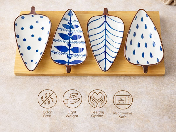 Rioware 120ml Leaf-Shaped Ceramic Serving Platter with Wooden Board | 4 Small Glossy Snack Tray | Perfect for Serving Sweets, Cookies, Dry Fruits, Mouth Freshener & Snacks (Blue & White)