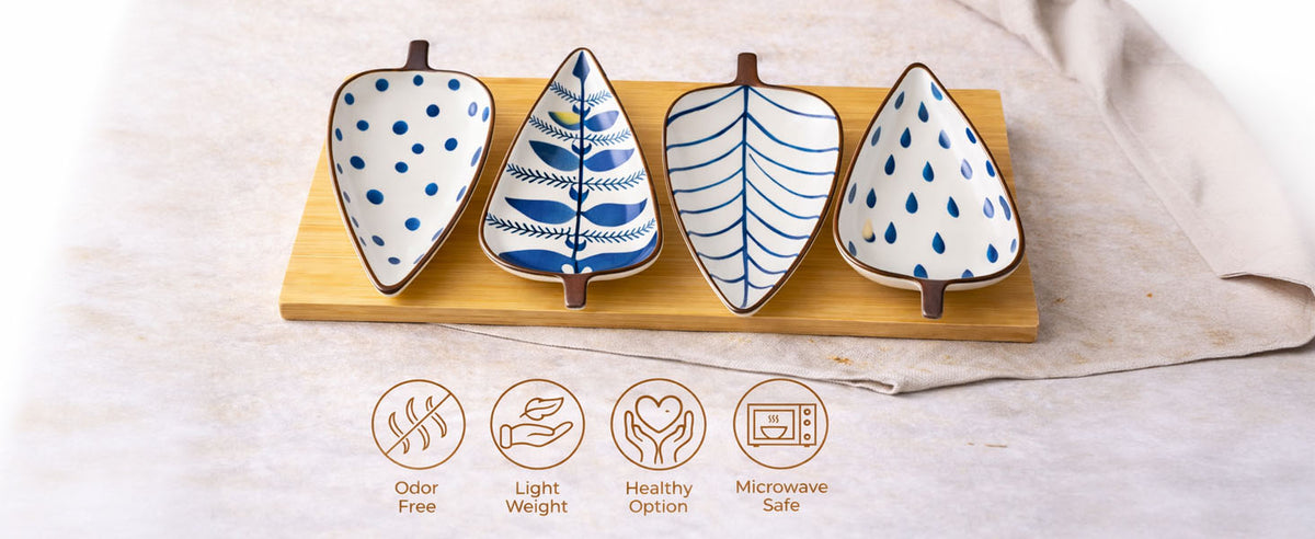 Rioware 120ml Leaf-Shaped Ceramic Serving Platter with Wooden Board | 4 Small Glossy Snack Tray | Perfect for Serving Sweets, Cookies, Dry Fruits, Mouth Freshener & Snacks (Blue & White)