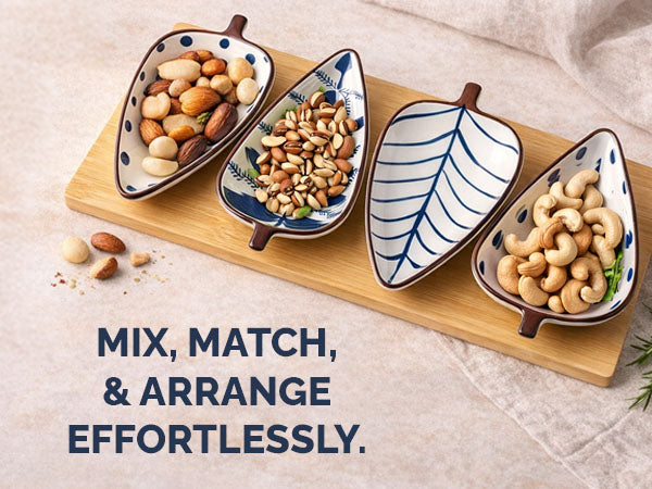 Rioware 120ml Leaf-Shaped Ceramic Serving Platter with Wooden Board | 4 Small Glossy Snack Tray | Perfect for Serving Sweets, Cookies, Dry Fruits, Mouth Freshener & Snacks (Blue & White)