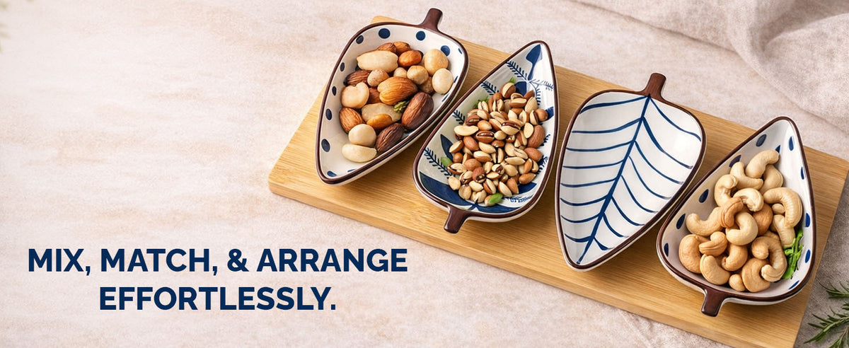 Rioware 120ml Leaf-Shaped Ceramic Serving Platter with Wooden Board | 4 Small Glossy Snack Tray | Perfect for Serving Sweets, Cookies, Dry Fruits, Mouth Freshener & Snacks (Blue & White)