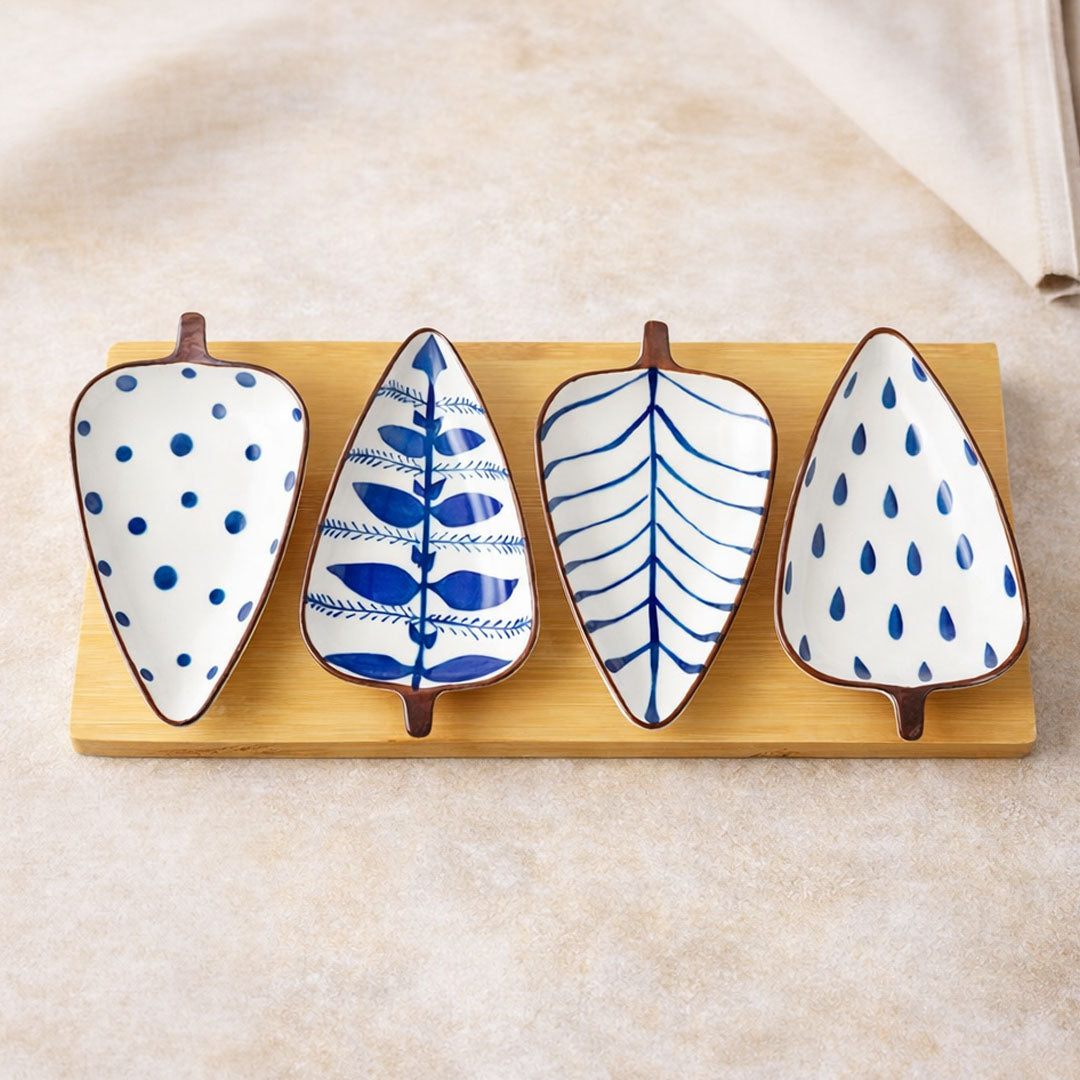 Rioware 120ml Leaf-Shaped Ceramic Serving Platter with Wooden Board | 4 Small Glossy Snack Tray | Perfect for Serving Sweets, Cookies, Dry Fruits, Mouth Freshener & Snacks (Blue & White)
