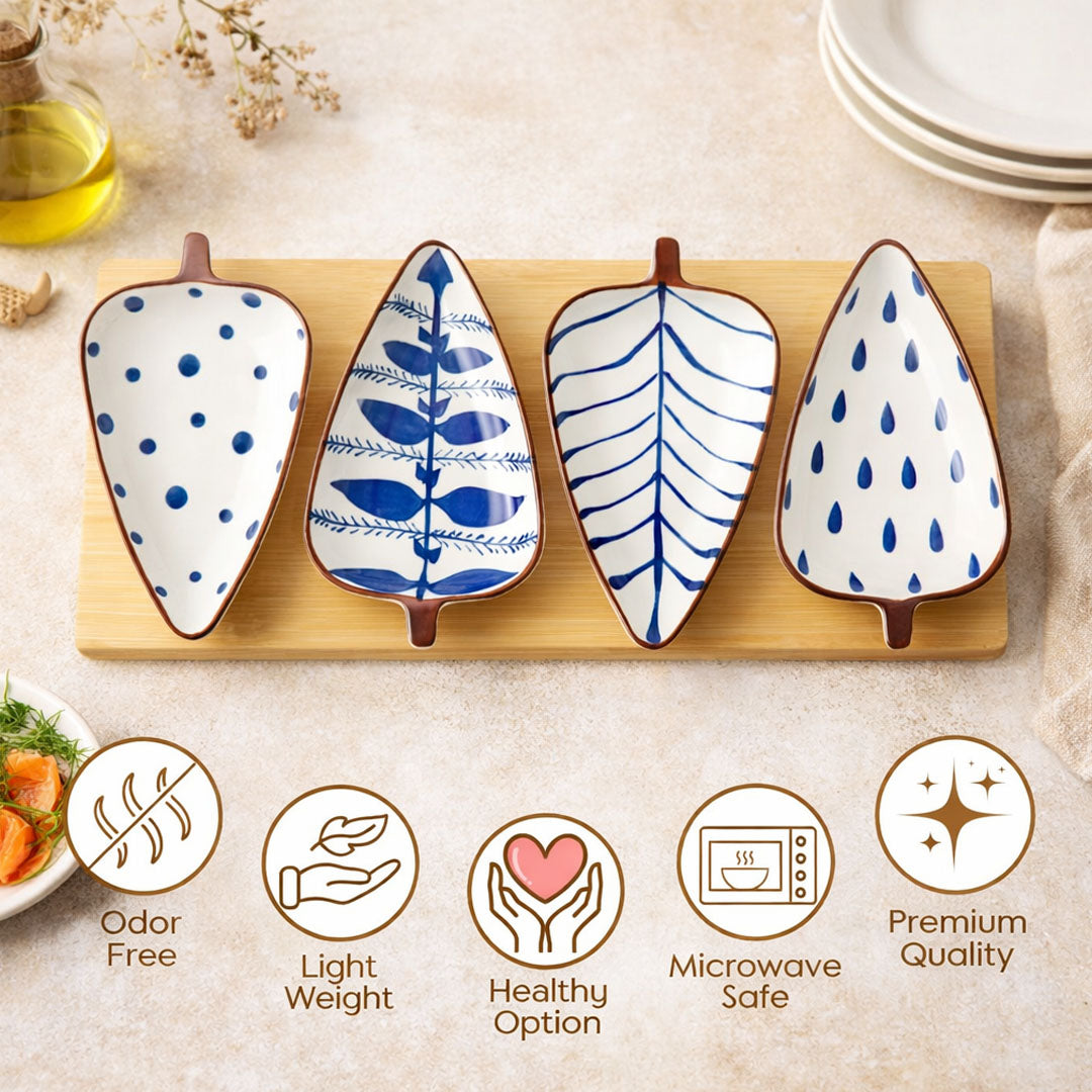 Rioware 120ml Leaf-Shaped Ceramic Serving Platter with Wooden Board | 4 Small Glossy Snack Tray | Perfect for Serving Sweets, Cookies, Dry Fruits, Mouth Freshener & Snacks (Blue & White)