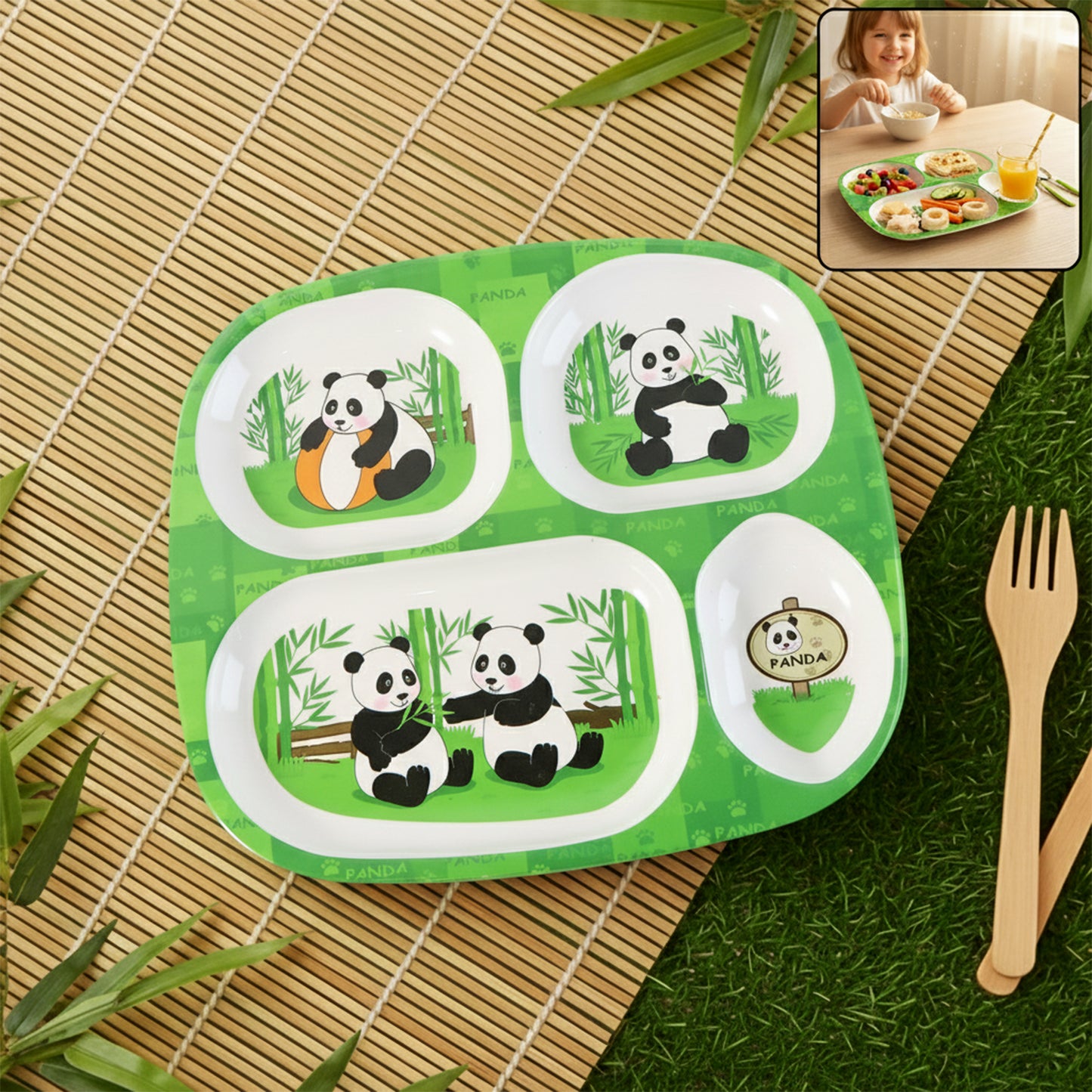 Kids 4-compartment Melamine Partition Plate Sectioned Dinner Tray for Toddlers & Kids, Mix Design (1 Pc / 24×22 Cm) (1 Pc  2422 Cm)