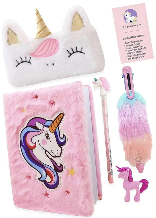 Unicorn Fur Diary , Fur Pouch , Fur Pen , Pencil , Eraser , Book Mark (Pack Of 6) - HalfPe