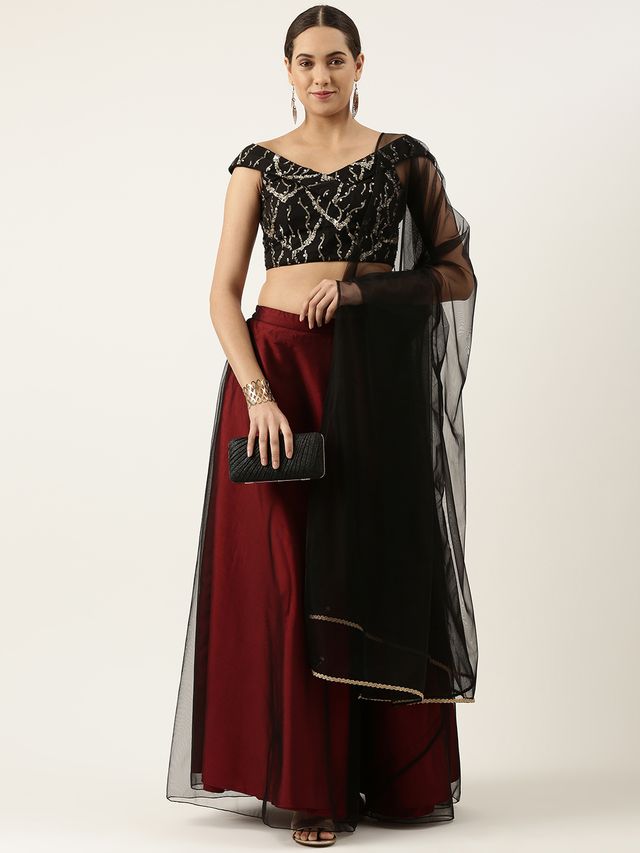 Bollywood Vogue Ready To Wear Black Net Sequins Embroidery Lehenga