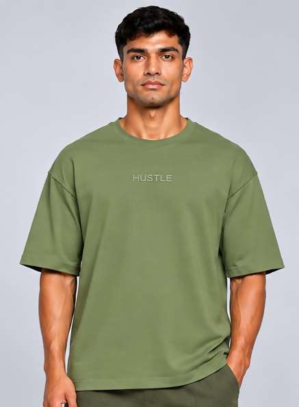 HUSTLE Men's Crew Neck Oversized T-Shirt – Olive Green(Oversized fit)