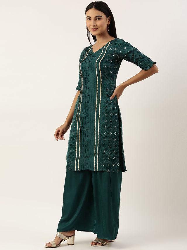 Bollywood Vogue Ready To Wear Teal Green Art Silk Print Salwar N Palazzo Suit