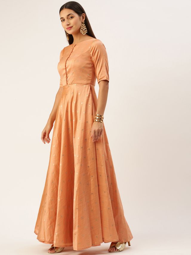 Bollywood Vogue Ready To Wear Peach Art Silk Jacquard Floor Length Gown