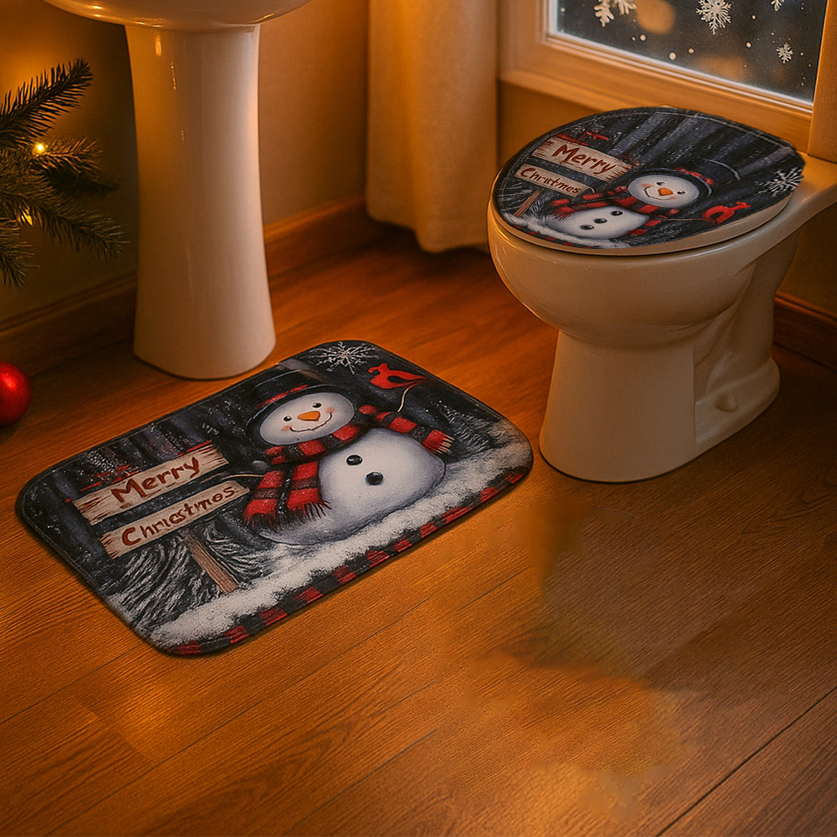 3 in1 Christmas-Themed 3-Piece Bathroom Mat Set – Snowman Print with Soft Microfiber with Anti-Skid Backing- (1 Set)