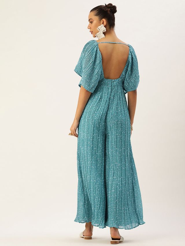 Bollywood Vogue Ready To Wear Blue N White Printed Pleated Georgette Jumpsuit