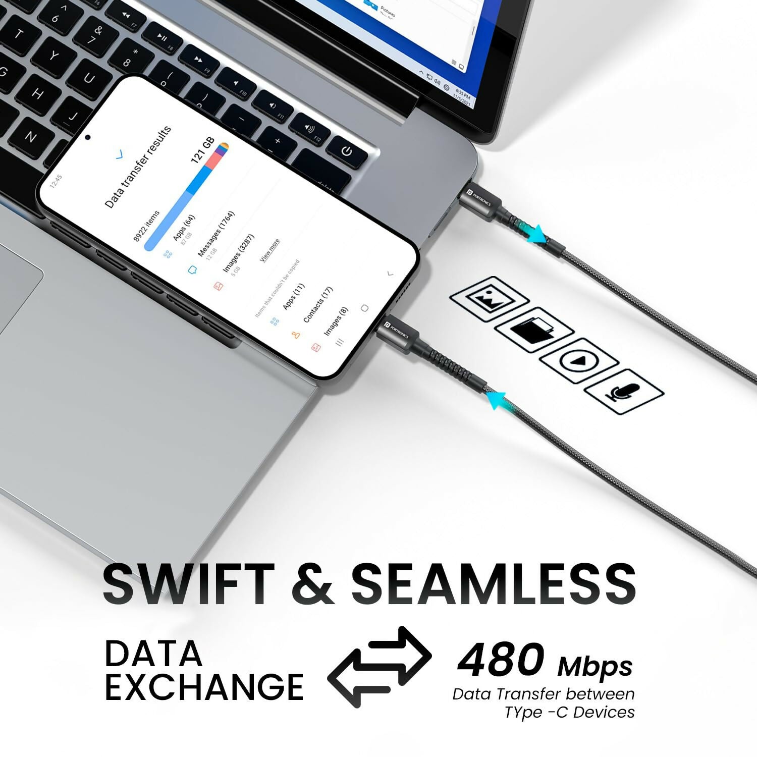 Portronics Konnect X 60W Unbreakable Nylon Braided Cable, 2M Fast Charging Cable For iPhone 15 Series, iPad, Samsung Galaxy (Black) Halfpe Deals