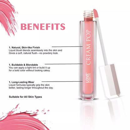 Love Earth Cream Pop Blush - Aster| Hyaluronic Acid | Smooth, Lightweight, Long-Lasting | Dewy Finish, Easily Blendable| Everyday Natural Glow | Suitable for All Skin Types -2ML