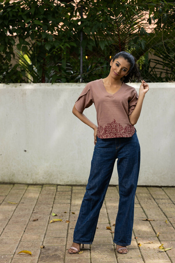 Women’s Handprinted Cotton Linen Top with Tulip Sleeves Studio Sienna