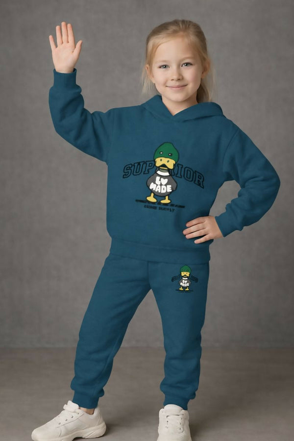 Girls' Teal Blue Cotton Blend hoodie-and-jogger set featuring a cute cartoon duck wearing a green cap Sweatshirt & Joggers (Ages 0 Months to 7 Years) Luck Fashion