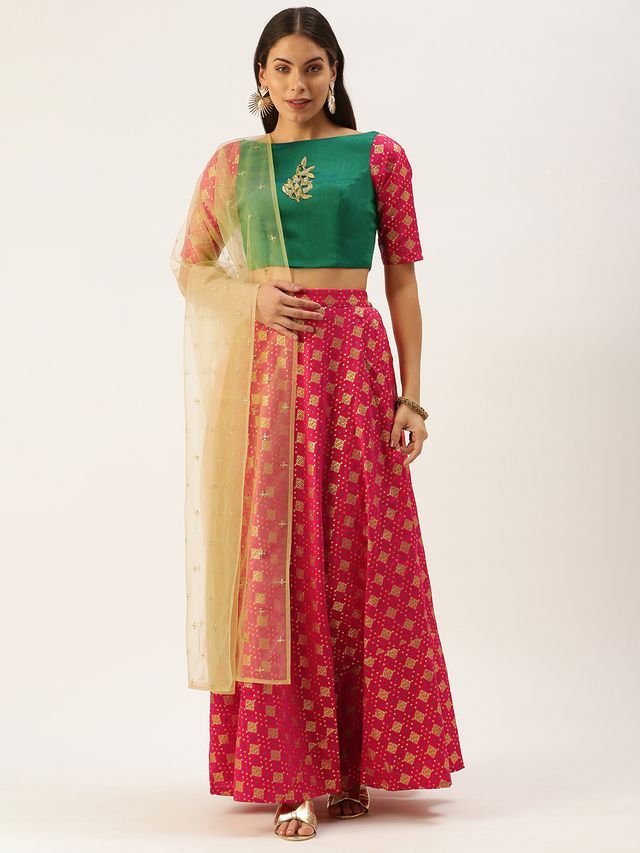 Bollywood Vogue Ready To Wear Red Jacquard N Green Zero Shoulder Lehenga Set