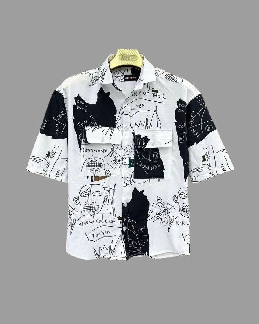 Henshika Men Printed Casual 3/4 Sleeve Shirt – Drop Style – White - Front View