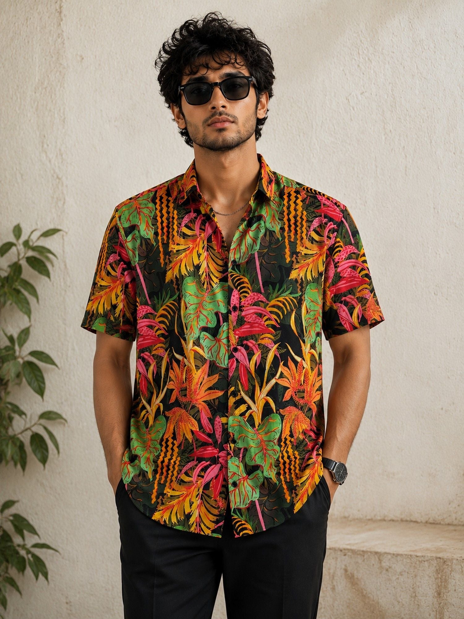 HENSHIKA Men's Casual Half Sleeve Printed Shirt - Relaxed Fit Cotton Blend - Maroon Floral - View 1