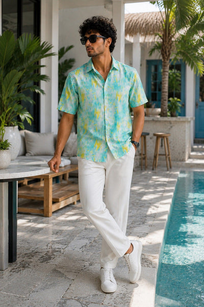 HENSHIKA Men's Casual Half Sleeve Printed Shirt - Relaxed Fit Cotton Blend - Blue Tie-Dye - View 5