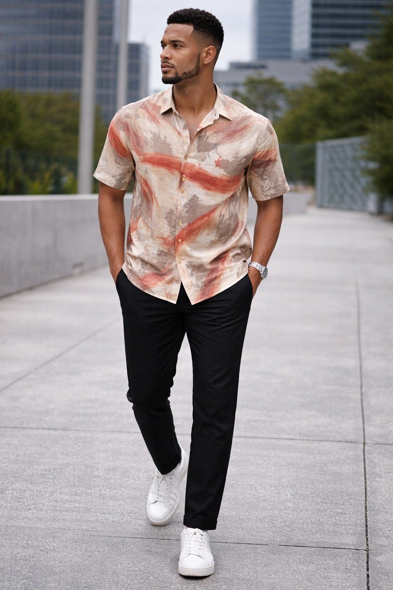 HENSHIKA Men's Casual Half Sleeve Printed Shirt - Relaxed Fit Cotton Blend - Red Abstract - View 6