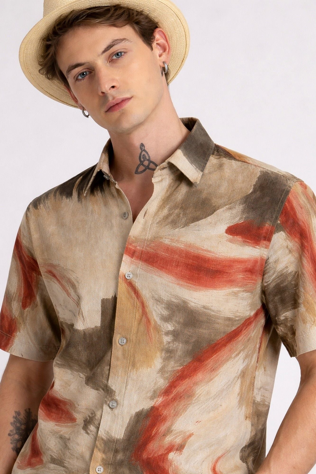HENSHIKA Men's Casual Half Sleeve Printed Shirt - Relaxed Fit Cotton Blend - Red Abstract - View 3
