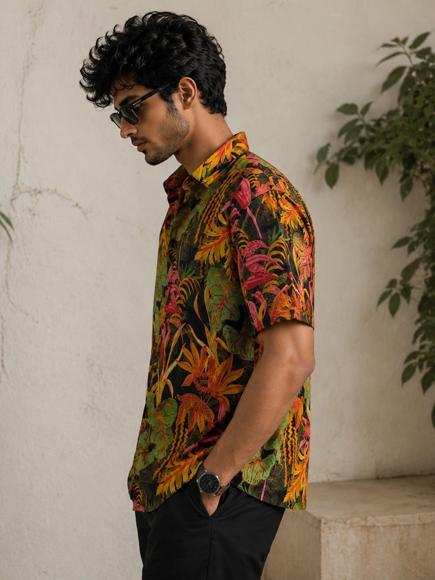 HENSHIKA Men's Casual Half Sleeve Printed Shirt - Relaxed Fit Cotton Blend - Maroon Floral - View 4