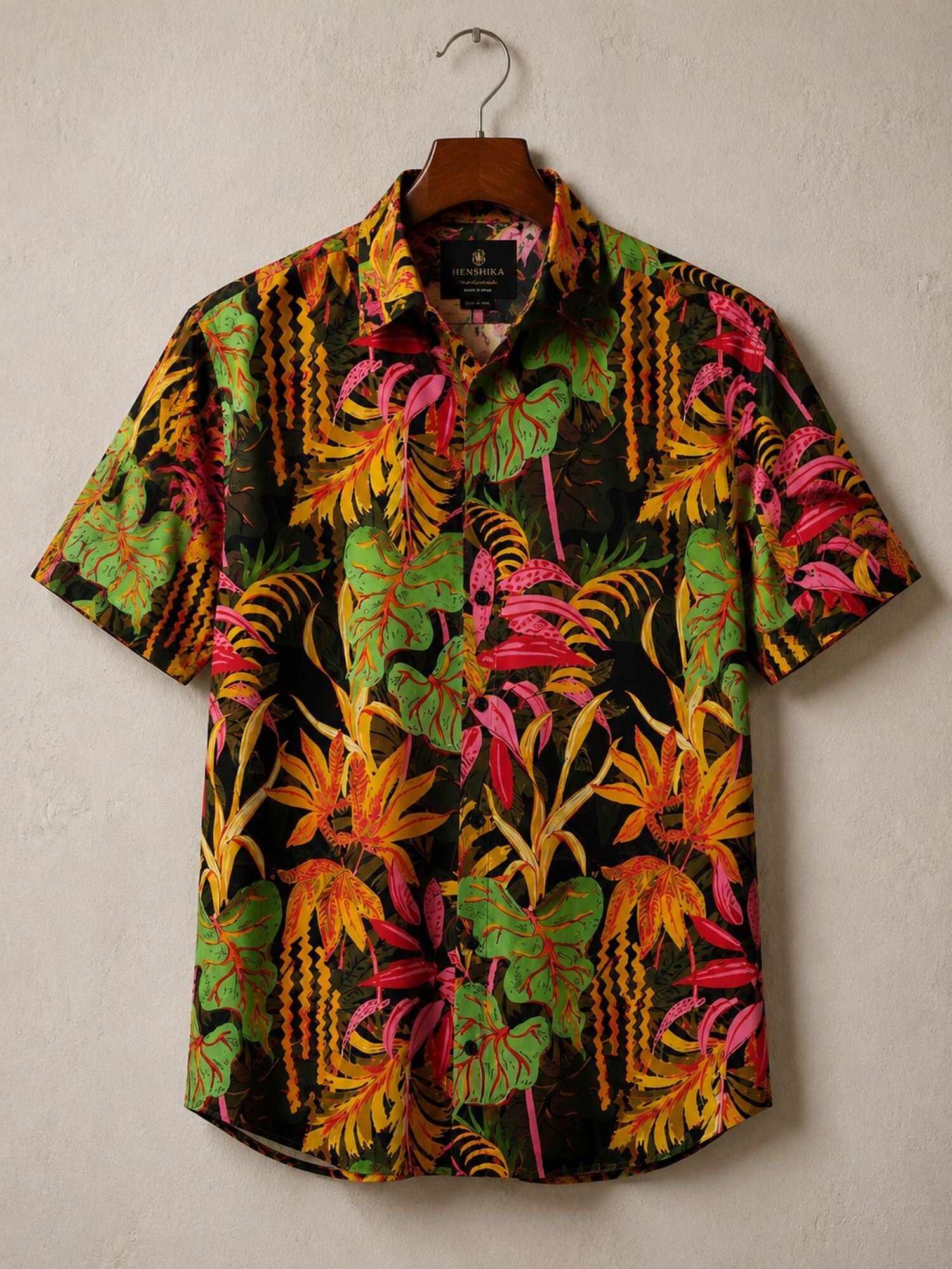 HENSHIKA Men's Casual Half Sleeve Printed Shirt - Relaxed Fit Cotton Blend - Maroon Floral - View 5