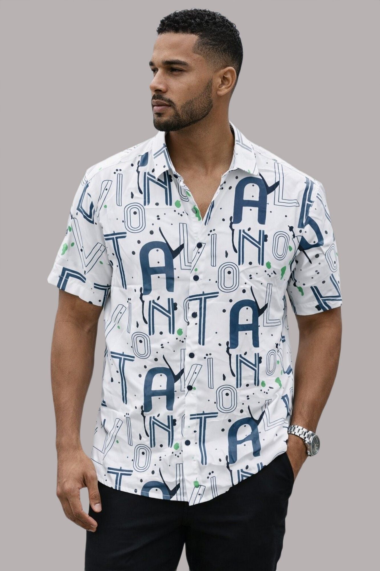 HENSHIKA Men's Casual Half Sleeve Printed Shirt - Relaxed Fit Cotton Blend - White Typography - View 1
