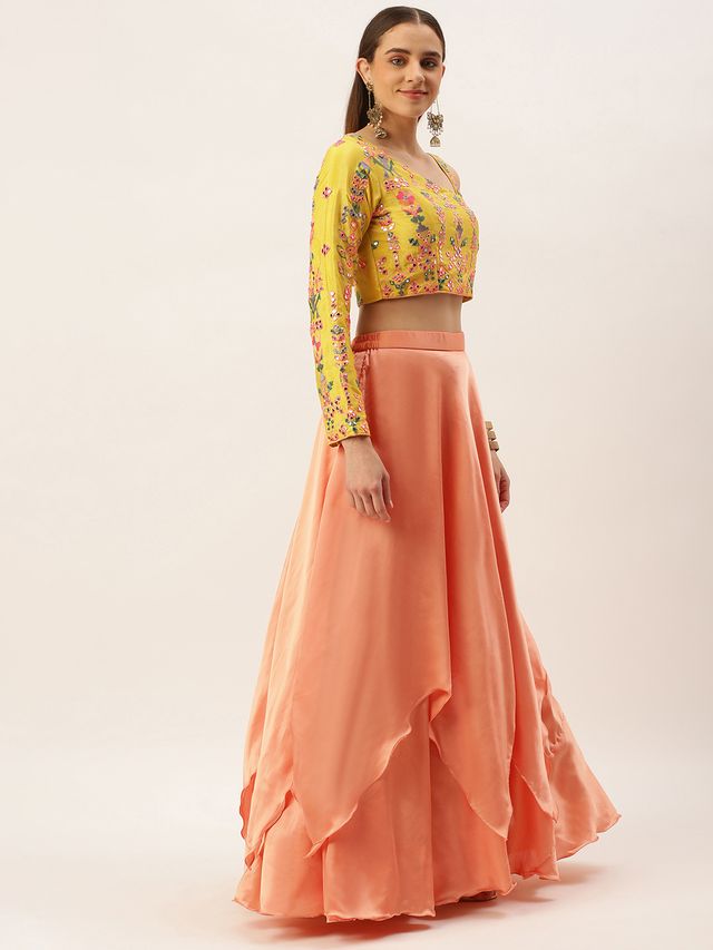 Bollywood Vogue Ready To Wear Yellow Embroidered Peach Lehenga Set