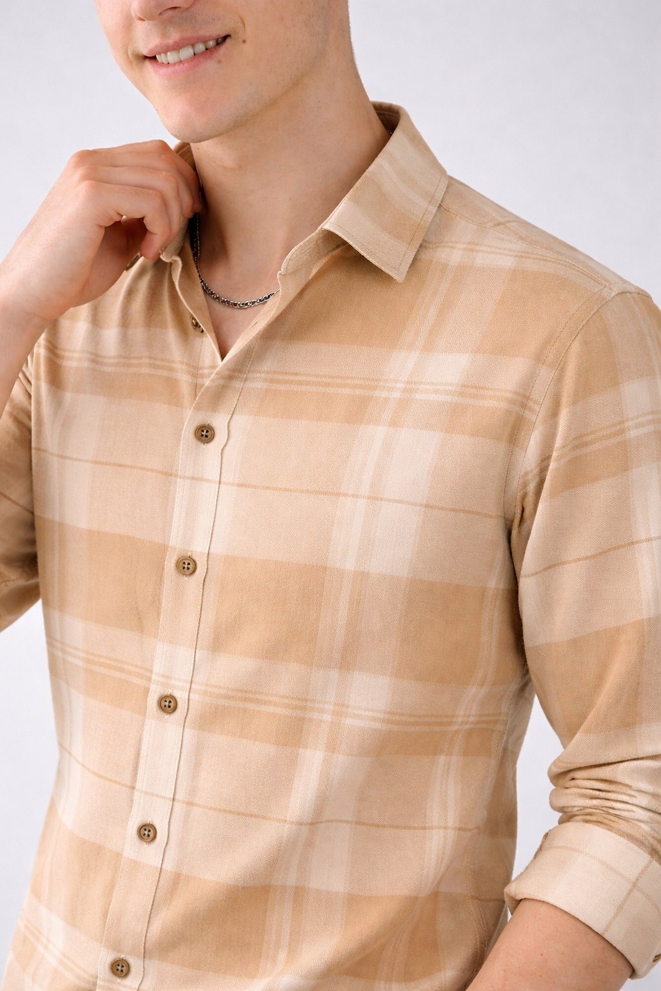 Henshika Men Checkered Casual Full Sleeve Shirt – New Chex – Beige - View 4