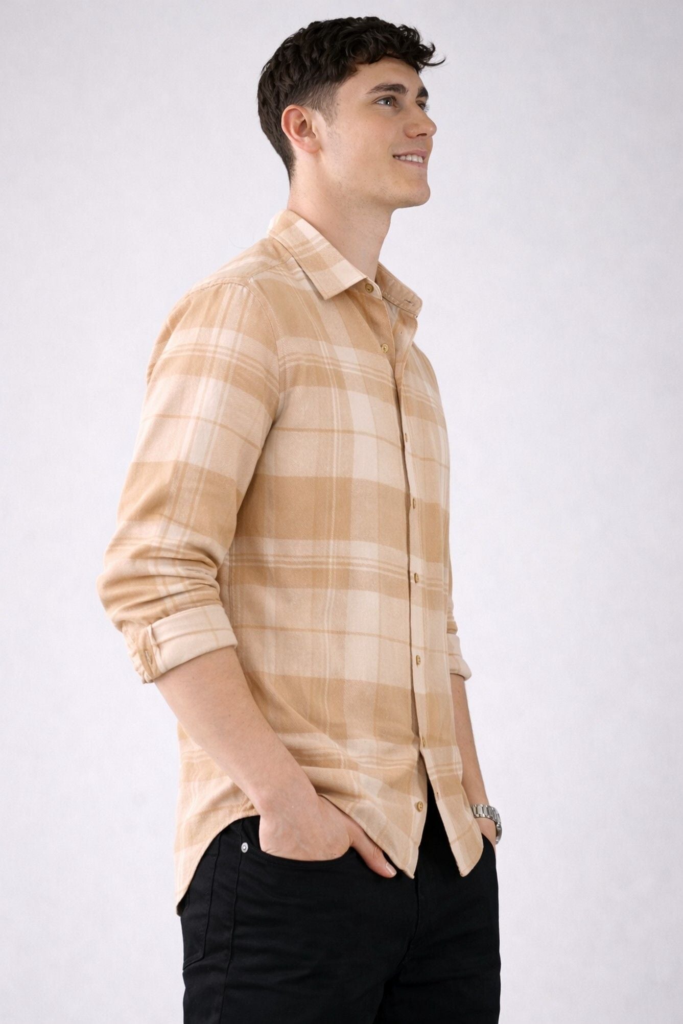 Henshika Men Checkered Casual Full Sleeve Shirt – New Chex – Beige - View 3