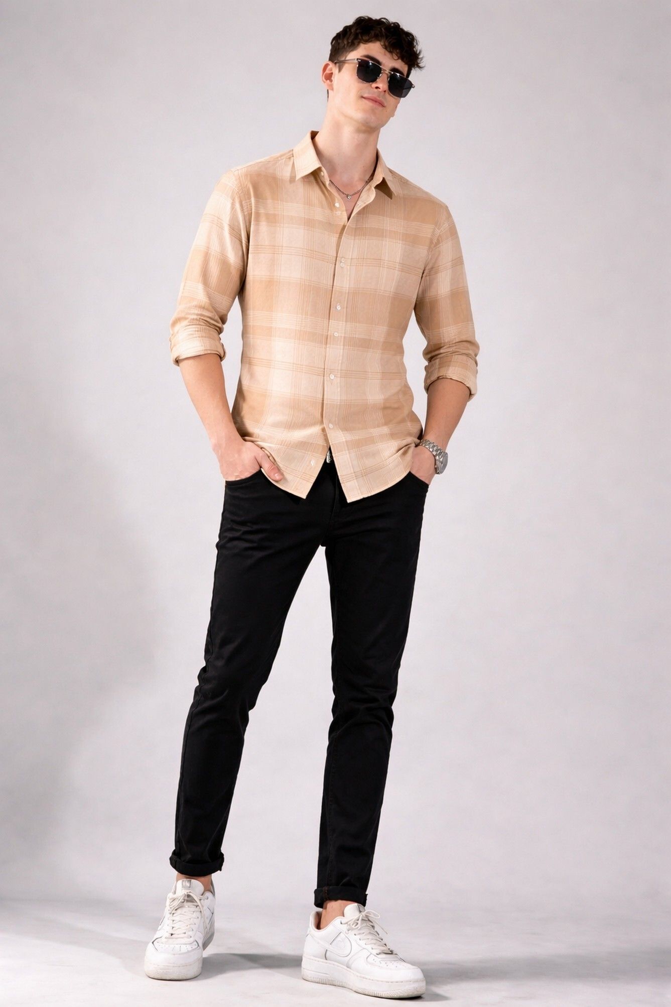 Henshika Men Checkered Casual Full Sleeve Shirt – New Chex – Beige - View 5