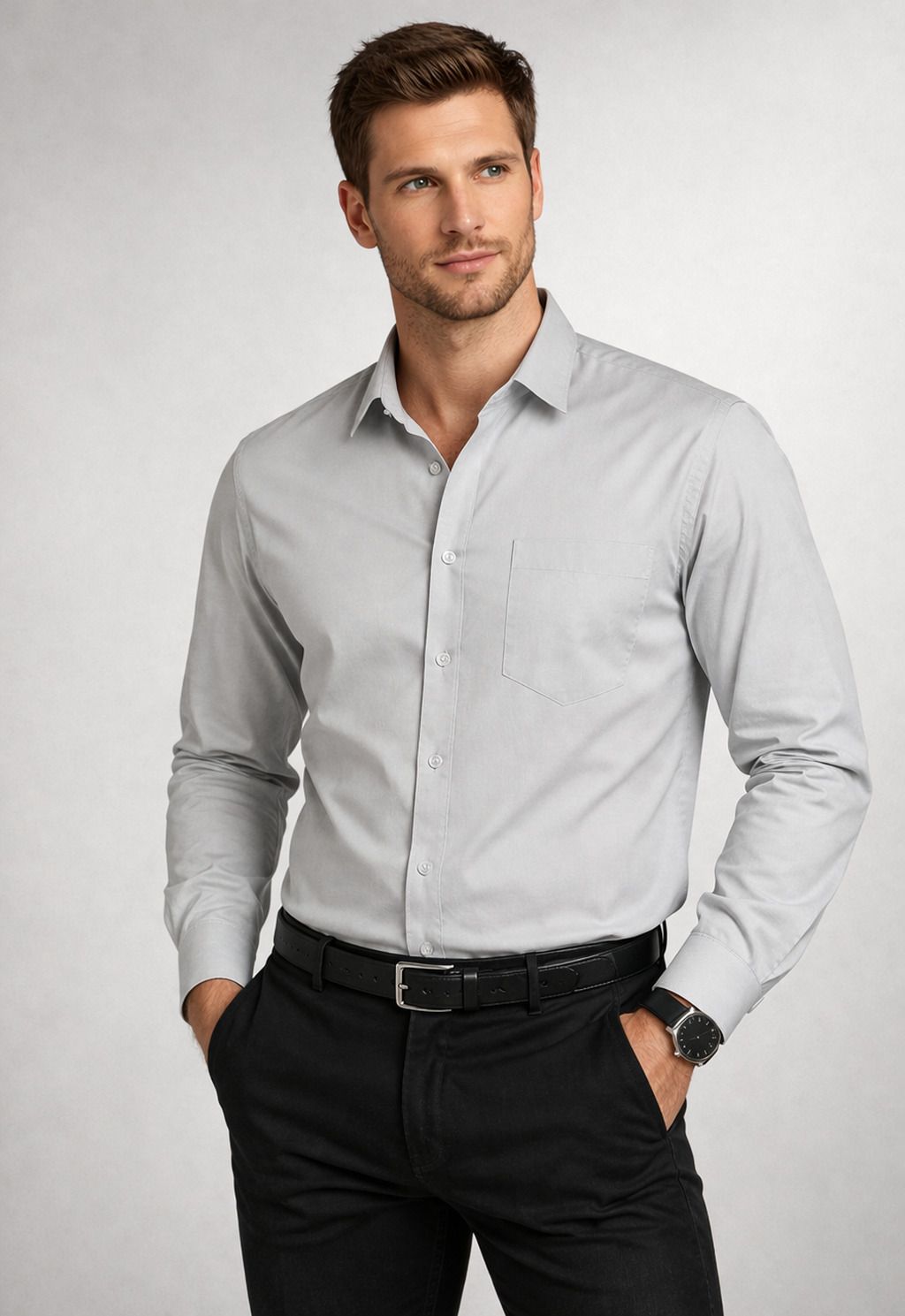 Henshika Men Solid Casual Full Sleeve Shirt – Grey - Front View