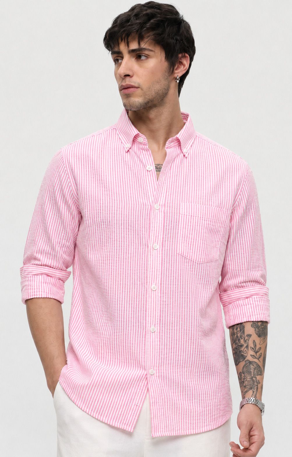 HENSHIKA Men's Pure Cotton Pink Striped Casual Shirt - Front View
