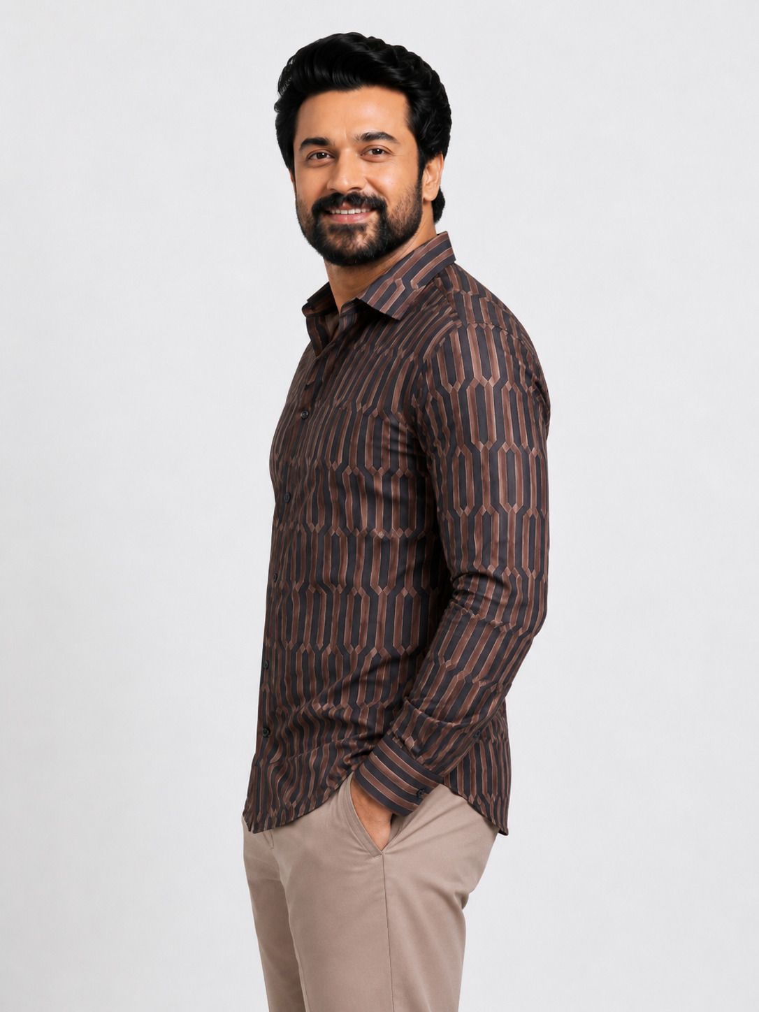 HENSHIKA Men Brown Geometric Printed Casual Shirt | Full Sleeve Regul – View 3