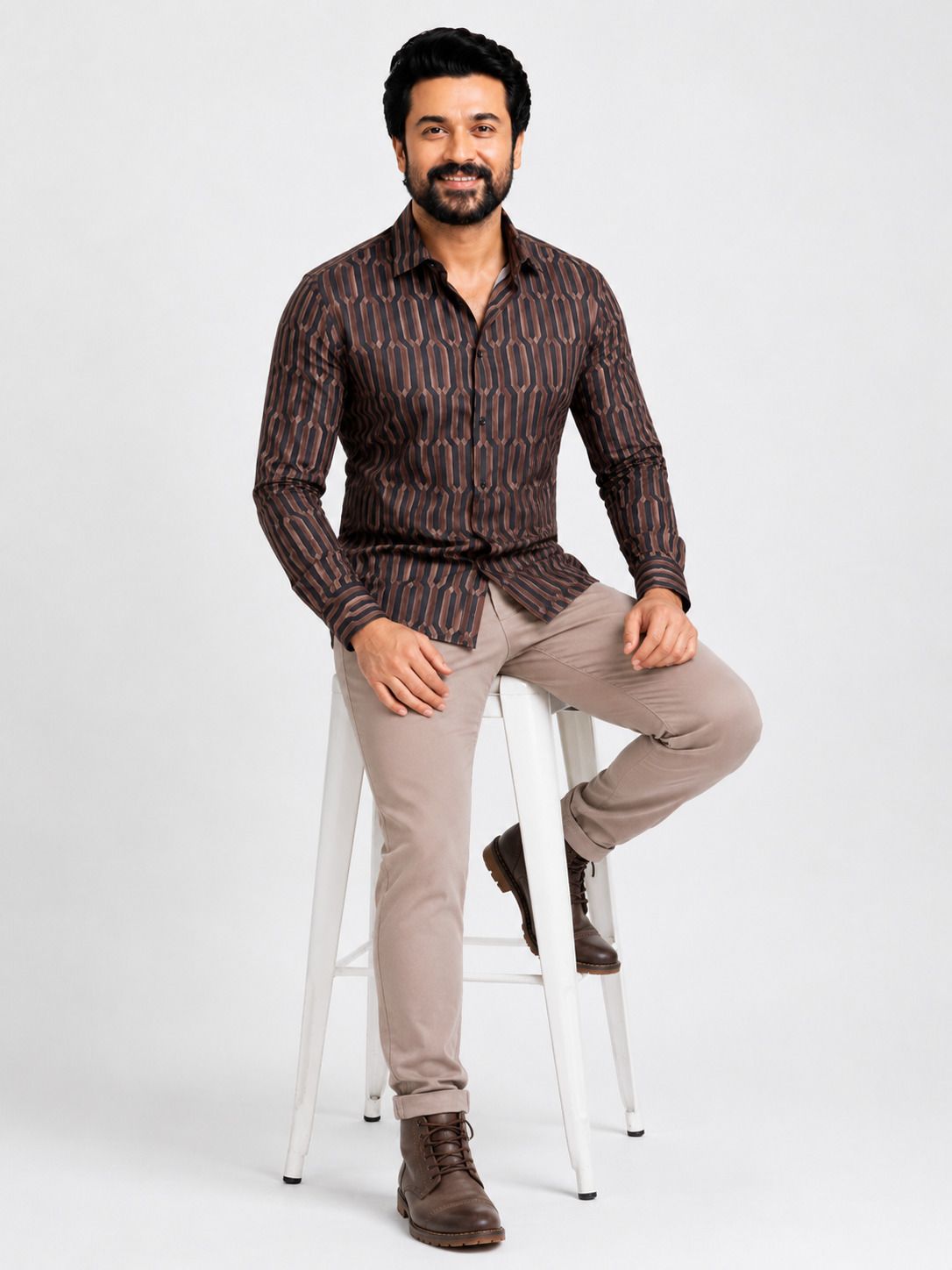 HENSHIKA Men Brown Geometric Printed Casual Shirt | Full Sleeve Regul – View 4