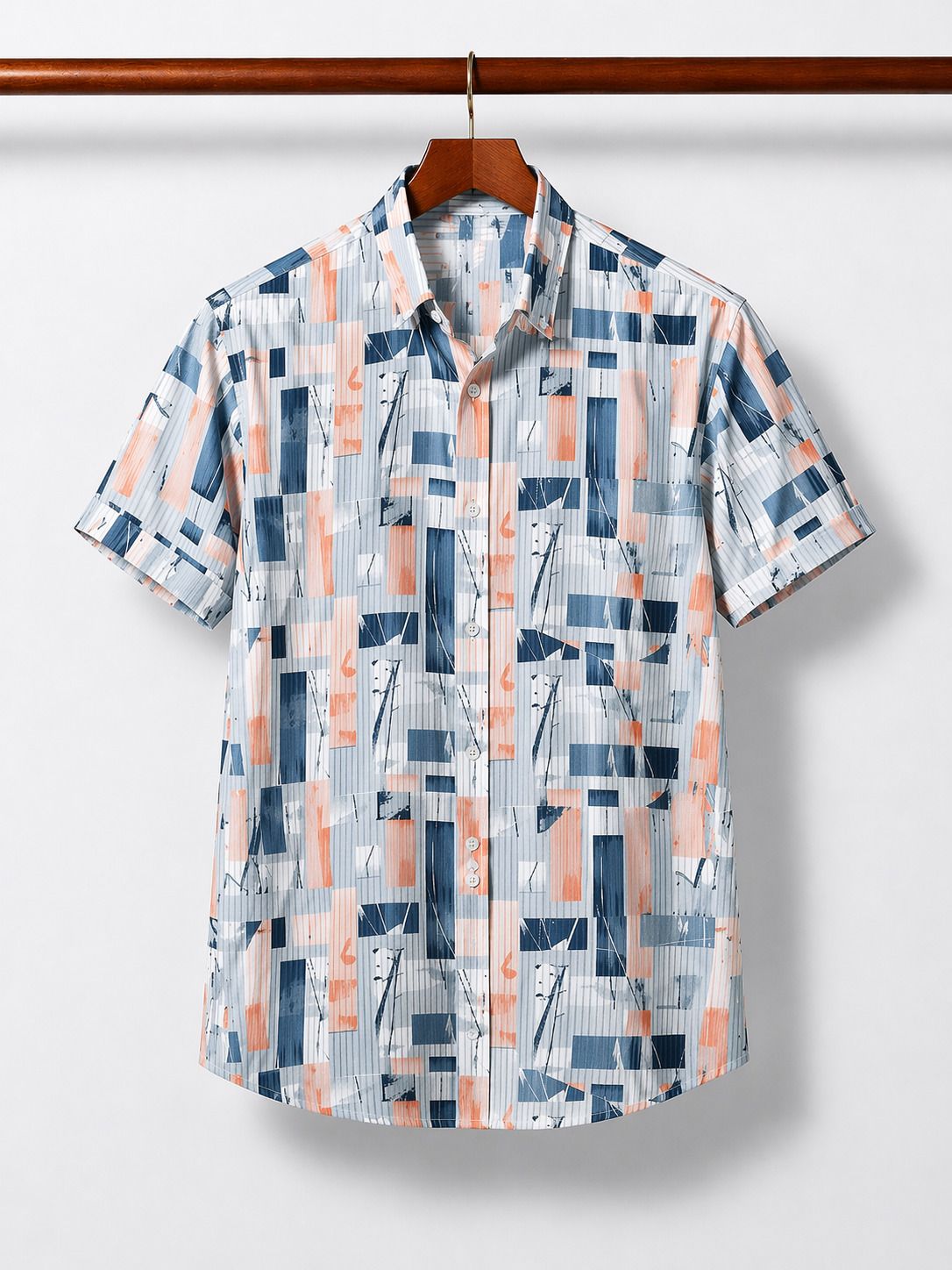 HENSHIKA Men Printed Casual Shirt Combo - Blue & Orange (Line Print) - Detail View